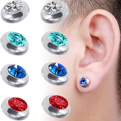 Unisex Stainless Steel Titanium Round Magnetic Non-Pierced Stud Earrings Fashion Colorful Rhinestone Clip-on Earrings Jewelry