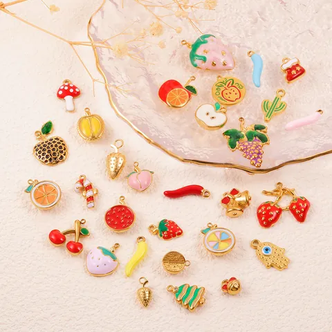 Dijes Joyería DIY Acero Inoxidable Colgantes Fruta Navidad Fresa Manzana Uvas Esmalte Colgantes Para Hacer Collares Pulseras