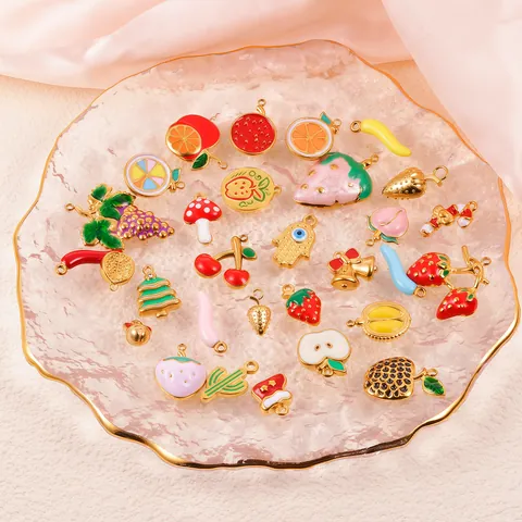 Dijes Joyería DIY Acero Inoxidable Colgantes Fruta Navidad Fresa Manzana Uvas Esmalte Colgantes Para Hacer Collares Pulseras