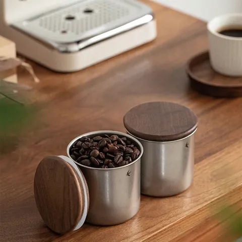 Coffee Canister Stainless Steel Storage Jar With Black Walnut Lid Airtight Sealing Food Container Vintage Brushed Swallow