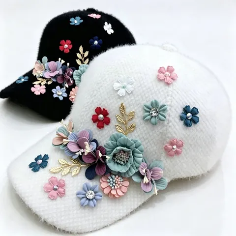 Women's Winter Warm Plush Baseball Cap Faux Mink Fur Rhinestone Artificial Pearl 3D Flower Adjustable Korean Fashion Duck Tongue Hat