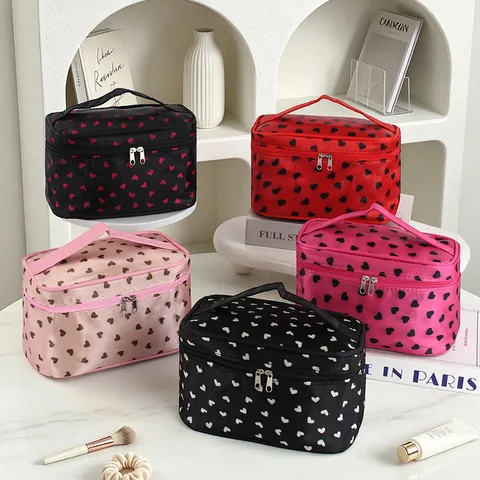 Tragbare Kosmetiktasche Satin Wasserdicht Große Kapazität Reise Toilettenorganisator Mit Griff Herz Punkt Blumenmuster Für Damen