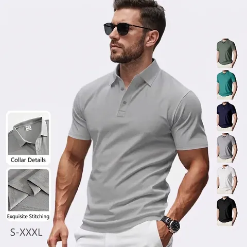 Polo Homme Manches Courtes Respirant Séchage Rapide Polyester Couleur Unie Business Casual Col Chemise Tricot Piqué