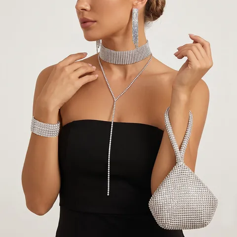 Rhinestone Evening Bag And Tassel Earrings And Choker Necklace And Bracelet For Bridal Wedding Party Prom Crystal Accessories