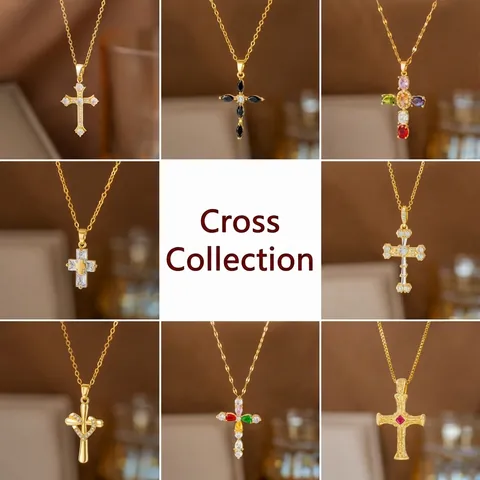 Titanium Steel Rhinestone Cross Pendant Necklace For Women Elegant Fashion Chic Jewelry Gold Silver Plated Cross Necklace