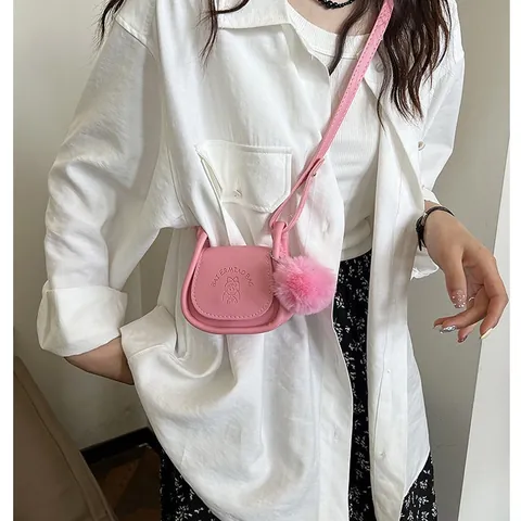 Women Mini Saddle Bag PU Leather Cartoon Embossed Crossbody Shoulder Bag With Plush Ball Decor Candy Color Small Fashion Purse