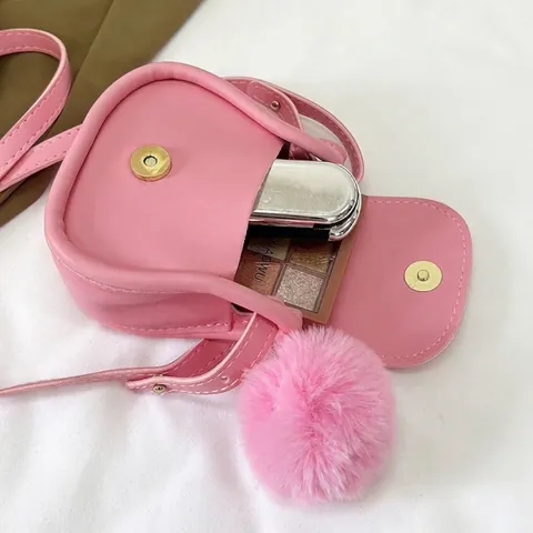 Women Mini Saddle Bag PU Leather Cartoon Embossed Crossbody Shoulder Bag With Plush Ball Decor Candy Color Small Fashion Purse