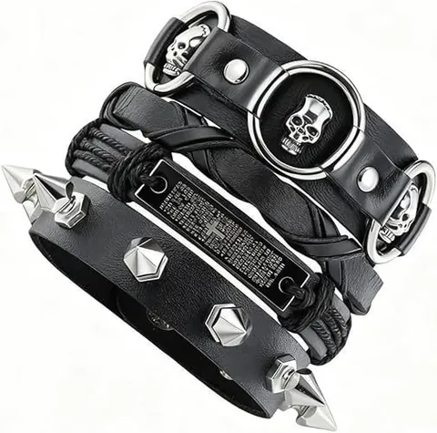 Bracciale in Pelle Punk retrò da Uomo Multistrato Rock Teschio Borchie Intrecciato a Fascia Gioielli a Mano di Moda Gotica Cinturino Regolabile