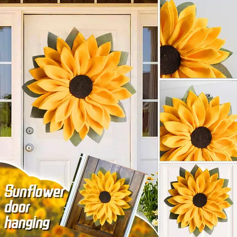 Thanksgiving Burlap Sunflower Wreath Artificial Yellow Sunflower Wall Hanging Autumn Fall Front Door Porch Decor Wreath
