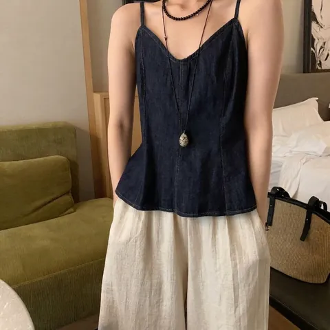 Top de Camisola de Mezclilla Retro Estilo Coreano para Mujer Escote en V Slim Verano Azul Oscuro Camiseta de Tirantes