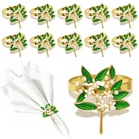 Gardenia Flower Napkin Rings Metal Electroplated Drip Oil Leaf Artificial Pearl Napkin Buckle For Wedding Home Banquet Table Decor