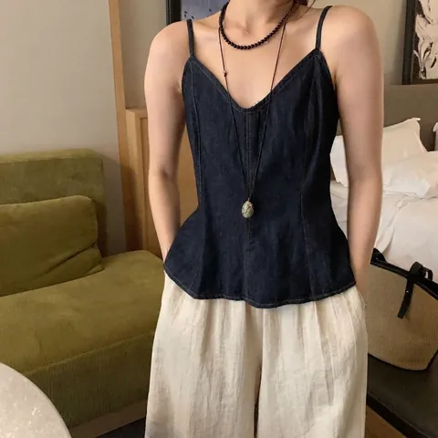 Top de Camisola de Mezclilla Retro Estilo Coreano para Mujer Escote en V Slim Verano Azul Oscuro Camiseta de Tirantes