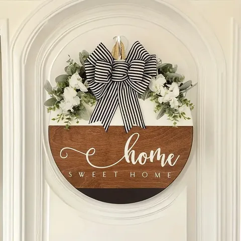 Round Wooden Home Sweet Home Front Door Sign With Artificial Greenery Bow Farmhouse Welcome Hanging Plaque Modern Home Decor