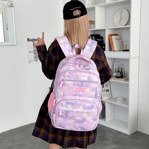 Mochila Escolar para Estudiantes Estilo Coreano Cielo Estrellado Gran Capacidad Ligera de Nailon Con Patrón de Arco Iris Mariposa para Niñas