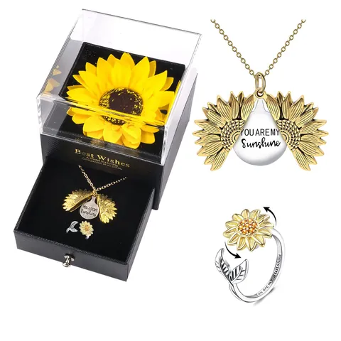 Openbare Zonnebloem Hanger Ketting En Fidget Spinner Ring Sieradenset Met Cadeaudoos Voor Dames Gepersonaliseerd Cadeau