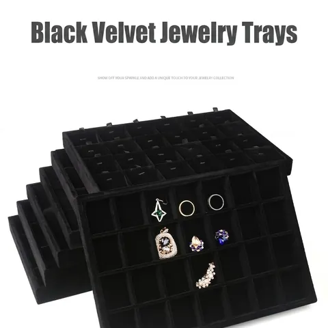 Schwarzes Samt Schmuck Display Tablett MDF Schmuck Organizer Für Ringe Ohrringe Halsketten Armbänder Vitrine Lagerplatte Schubladen Organizer