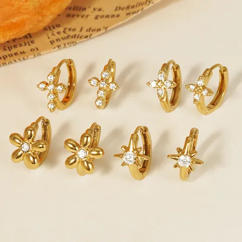 Roestvrijstalen Zirconia Creolen Voor Dames Goud Zilver Verguld Kruis Bloem Ster Frisse Ins Stijl Oorbellen Sieraden