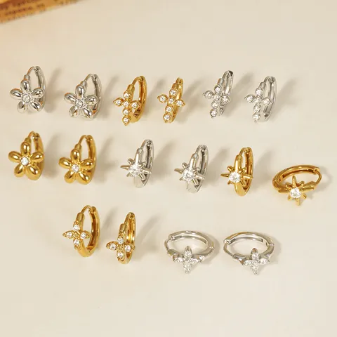 Roestvrijstalen Zirconia Creolen Voor Dames Goud Zilver Verguld Kruis Bloem Ster Frisse Ins Stijl Oorbellen Sieraden