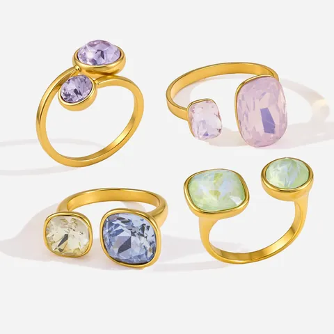 Roestvrijstalen Open Ring Voor Dames Verguld Geometrisch Gekleurde Strass Verstelbare Vingerring Mode Sieraden