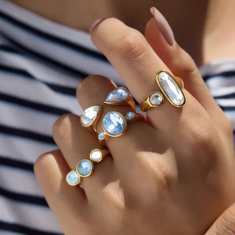 Mode Edelstahl Verstellbarer Offener Ring Für Damen Eleganter Vergoldeter Geometrischer Glaskristall Eingelegter Fingerring Schmuck Geschenk