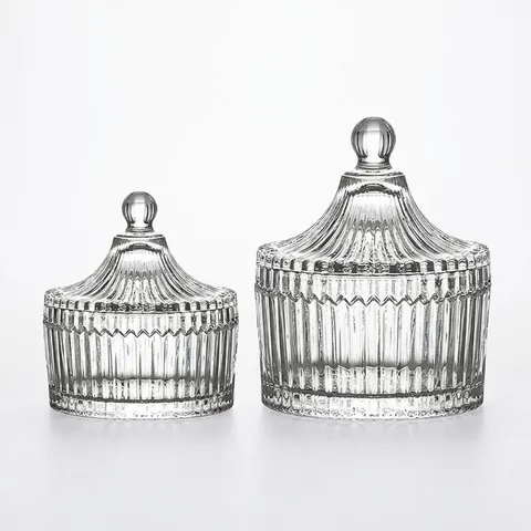 Tarro de Caramelos de Vidrio con Forma de Yurta Vintage Europeo Frasco de Almacenamiento con Rayas en Relieve con Tapa para Joyería Boda
