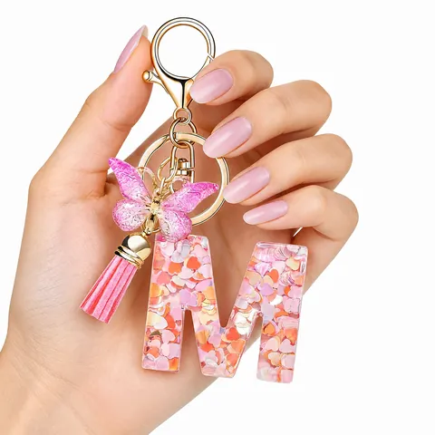 Initial Letter Keychain With Butterfly Tassel Pink Heart Sequins Resin Drip Bag Pendant Glitter Alphabet Keyring For Women Girls Gift