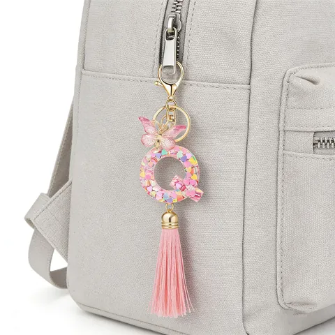 Initial Letter Keychain With Butterfly Tassel Pink Heart Sequins Resin Drip Bag Pendant Glitter Alphabet Keyring For Women Girls Gift
