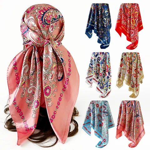 Damen Vintage Paisley-Druck Satin Quadratisches Halstuch Polyester Kopftuch Elegantes Foulard Schal Für Party Alltag