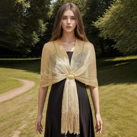 Women Elegant Polyester Metallic Yarn Hollow Out Shawl Scarf With Tassel Fringe Gold Silver Evening Party Wedding Wrap Cape