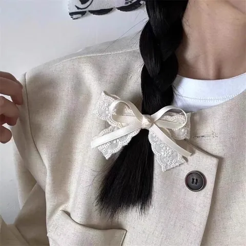 Vintage Lace Bow Hair Clip Beige Ribbon Handmade Duckbill Clip For Women Sweet Camellia Pearl Hair Accessories Retro Hairpin