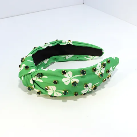 St Patrick's Day Vintage Wide Knotted Headband With Rhinestone Artificial Pearl Clover Plaid Pattern Fabric Hair Band Women Festive Hair Accessories
