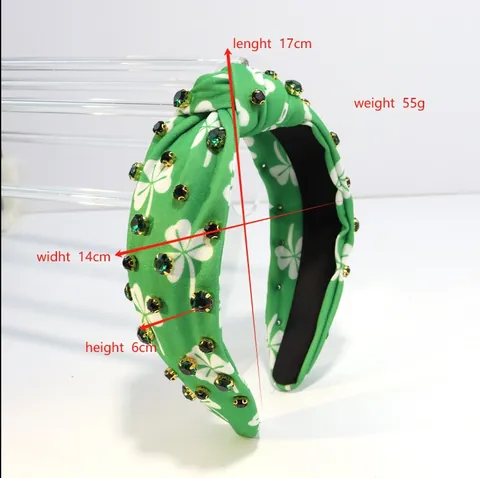 St Patrick's Day Vintage Wide Knotted Headband With Rhinestone Artificial Pearl Clover Plaid Pattern Fabric Hair Band Women Festive Hair Accessories