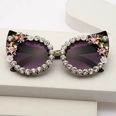 Occhiali da Sole Occhio di Gatto Donna Decorazione Fiori Strass Protezione UV400 Lusso Moda Occhiali Grandi per Festa All'aperto