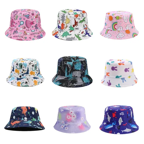 Cappello da Pescatore per Bambini a Doppio Lato Stampa a Cartone Animato Dinosauro Unicorno in Poliestere per Protezione Solare Esterna