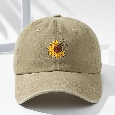 Sunflower Butterfly Print Washed Cotton Baseball Cap For Men Women Adjustable Fashion Vintage Sunshade Outdoor Duckbill Hat