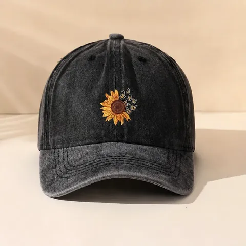 Sunflower Butterfly Print Washed Cotton Baseball Cap For Men Women Adjustable Fashion Vintage Sunshade Outdoor Duckbill Hat