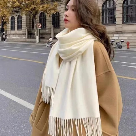 Sciarpa Invernale Spessa Tinta Unita da Donna Calda Morbida in Poliestere Simil-Cashmere Sciarpa Lunga Con Nappe Scialle Retrò Classico