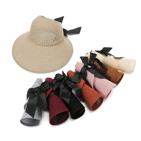 Sombrero de Sol de Verano para Mujer Ala Ancha Protección UV Sombrero de Paja de Playa Plegable Lazo Visera Transpirable Sombrero Informal