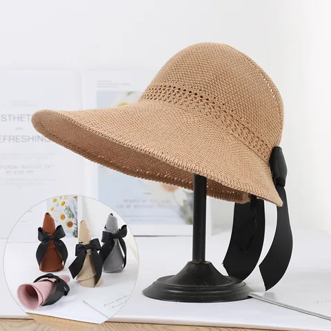 Sombrero de Sol de Verano para Mujer Ala Ancha Protección UV Sombrero de Paja de Playa Plegable Lazo Visera Transpirable Sombrero Informal
