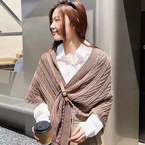 Damen Mode Stricken Poncho Cape Mit Leder Schnalle Verdickt Winter Warm Dreieck Schal Wrap Stola Casual Oberbekleidung Tops