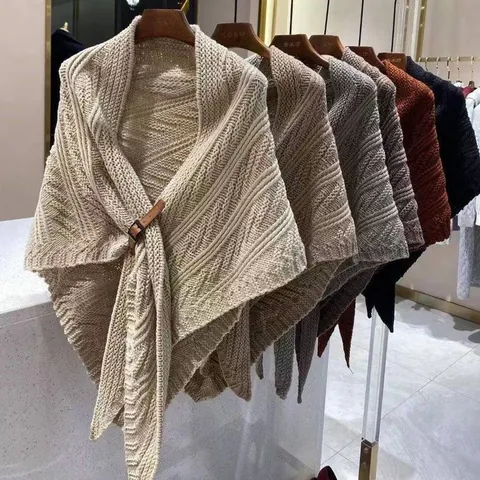 Damen Mode Stricken Poncho Cape Mit Leder Schnalle Verdickt Winter Warm Dreieck Schal Wrap Stola Casual Oberbekleidung Tops
