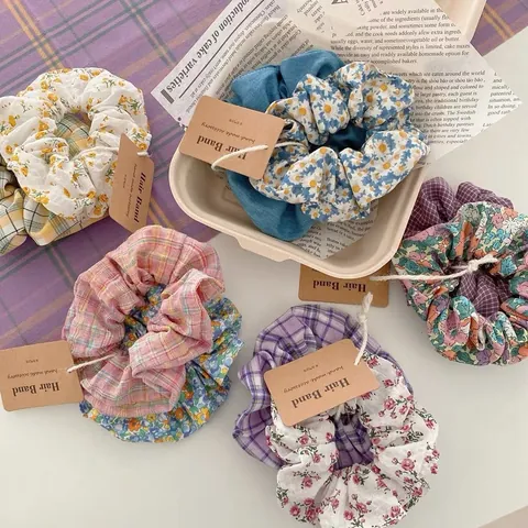 French Retro Pastoral Floral Plaid Fabric Scrunchies Handmade Elastic Hair Ties Ponytail Holder For Women Girls Jewelry