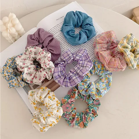 French Retro Pastoral Floral Plaid Fabric Scrunchies Handmade Elastic Hair Ties Ponytail Holder For Women Girls Jewelry