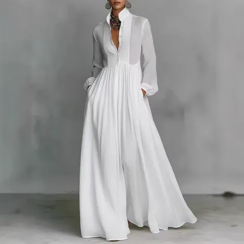 Robe Longue Plissée de Style Français pour Femmes Couleur Unie Manches Longues Élégante Coupe Ajustée Polyester Resort