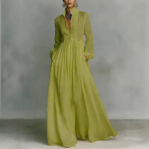 Robe Longue Plissée de Style Français pour Femmes Couleur Unie Manches Longues Élégante Coupe Ajustée Polyester Resort