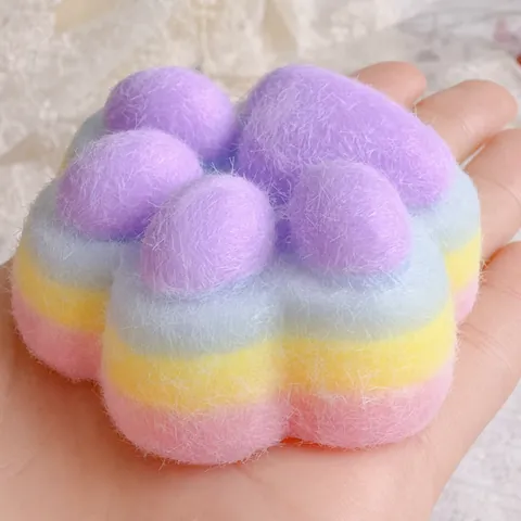 Flocked Rainbow Cat Paw Squishy Toy Slow Rebound Stress Relief Toy Soft Cute Animal Paw Squeeze Decompression Toy For Kids Adults