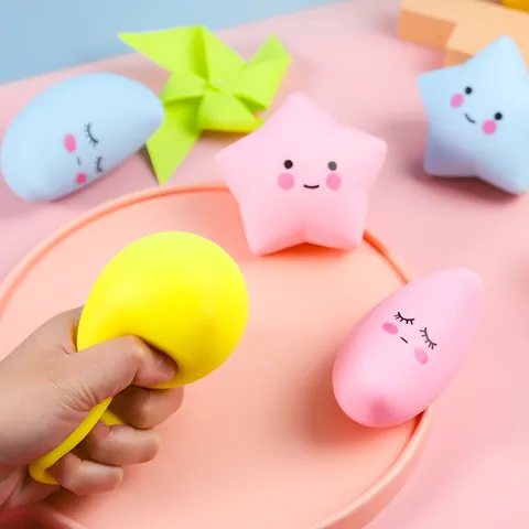 Cartoon Moon Star Squishy Toy TPR Stress Relief Squeeze Toy With Cartoon Face Expression For Kids Adults Macaron Color Soft Flour Ball Gift