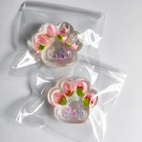 Transparent Cat Paw Squishy Toy Fruit Gem Strawberry Pattern Aurora Glitter Stress Relief Decompression Toy For Office Adults Kids
