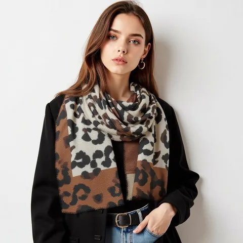 Women Patchwork Leopard Print Scarf Polyester Color Block Long Thin Shawl With Tassels For Spring Autumn Winter Daily Fashion Scarf