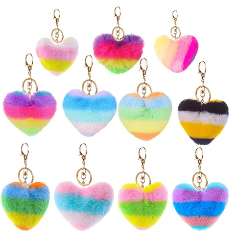Heart Shaped Artificial Fur Keychain Pendant Rainbow Leopard Print Sequin Plush Ball Keyring For Women Bag Charm Art Gift